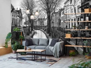 Hot Utrechtse gracht in zwart-wit fotobehang Architectuur