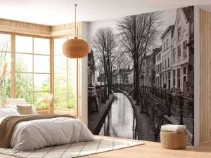 Hot Utrechtse gracht in zwart-wit fotobehang Architectuur