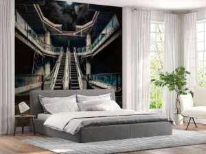 Sale Verlaten gebouw met roltrappen bij volle maan fotobehang 3d