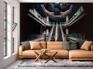 Sale Verlaten gebouw met roltrappen bij volle maan fotobehang 3d