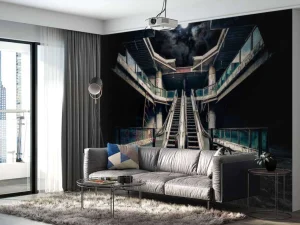 Sale Verlaten gebouw met roltrappen bij volle maan fotobehang 3d