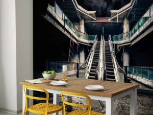 Sale Verlaten gebouw met roltrappen bij volle maan fotobehang 3d