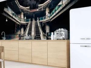 Sale Verlaten gebouw met roltrappen bij volle maan fotobehang 3d