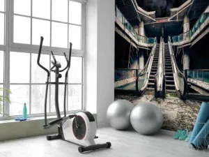 Sale Verlaten gebouw met roltrappen bij volle maan fotobehang 3d