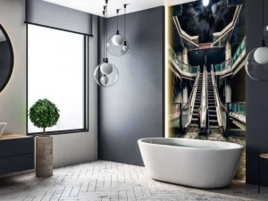 Sale Verlaten gebouw met roltrappen bij volle maan fotobehang 3d