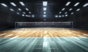 Discount Verlicht volleybalveld met een houten vloer fotobehang Tienerkamer