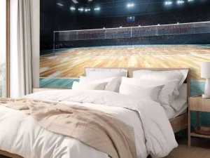 Discount Verlicht volleybalveld met een houten vloer fotobehang Tienerkamer