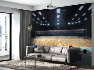 Discount Verlicht volleybalveld met een houten vloer fotobehang Tienerkamer