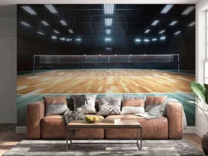 Discount Verlicht volleybalveld met een houten vloer fotobehang Tienerkamer