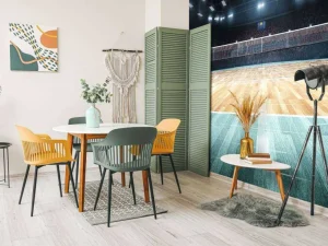 Discount Verlicht volleybalveld met een houten vloer fotobehang Tienerkamer
