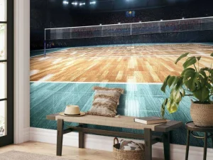Discount Verlicht volleybalveld met een houten vloer fotobehang Tienerkamer