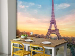 Discount Verlichte Eiffeltoren bij zonsondergang fotobehang Architectuur