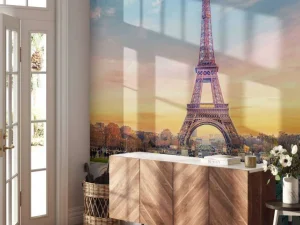 Discount Verlichte Eiffeltoren bij zonsondergang fotobehang Architectuur