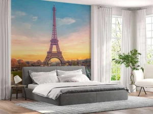 Discount Verlichte Eiffeltoren bij zonsondergang fotobehang Architectuur
