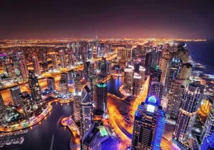 Fashion Verlichte gebouwen in Dubai fotobehang Steden | Architectuur