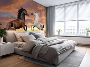 Fashion Verliefde paarden in een bloemenveld fotobehang Kinderkamer | Bloemen