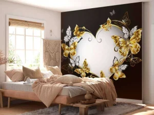 Discount Versierd hart met witte en gouden vlinders fotobehang Hobbykamer | Gang