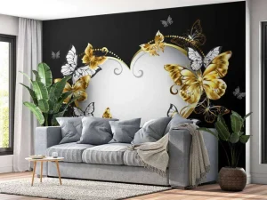 Discount Versierd hart met witte en gouden vlinders fotobehang Hobbykamer | Gang