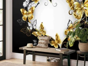Discount Versierd hart met witte en gouden vlinders fotobehang Hobbykamer | Gang
