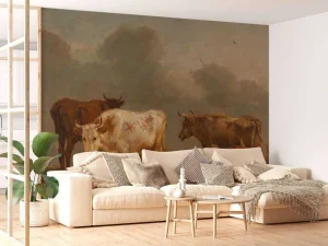 Best Vier jonge stieren in de wei fotobehang Kunst & Design | Dieren