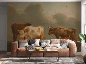Best Vier jonge stieren in de wei fotobehang Kunst & Design | Dieren