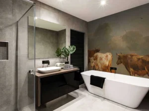Best Vier jonge stieren in de wei fotobehang Kunst & Design | Dieren
