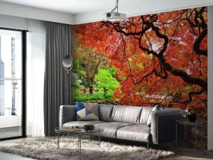 Clearance Vijver met een overhangende rode Japanse esdoorn fotobehang Bloemen
