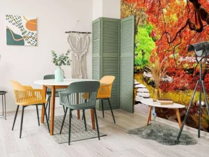 Clearance Vijver met een overhangende rode Japanse esdoorn fotobehang Bloemen