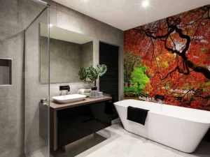 Clearance Vijver met een overhangende rode Japanse esdoorn fotobehang Bloemen