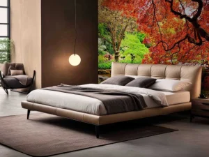 Clearance Vijver met een overhangende rode Japanse esdoorn fotobehang Bloemen
