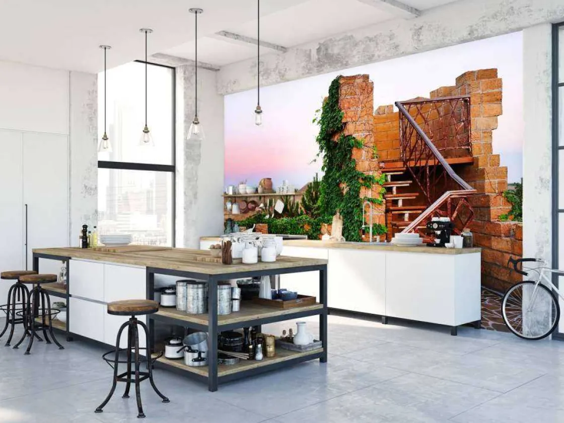 Discount Vintage trap op een dak fotobehang Architectuur