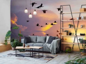 Clearance Vliegende aalscholvers bij zonsondergang fotobehang Dieren