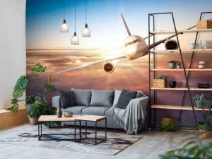 Hot Vliegtuig boven de wolken bij zonsondergang fotobehang Transport