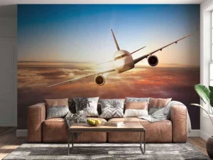Hot Vliegtuig boven de wolken bij zonsondergang fotobehang Transport