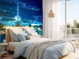 Online Vliegtuig op een verlicht vliegveld fotobehang Tienerkamer