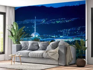 Online Vliegtuig op een verlicht vliegveld fotobehang Tienerkamer