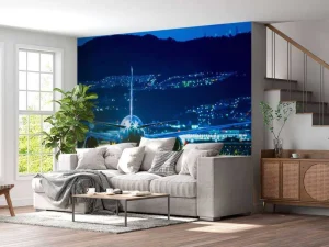 Online Vliegtuig op een verlicht vliegveld fotobehang Tienerkamer