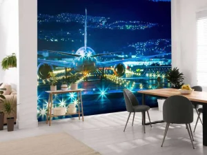 Online Vliegtuig op een verlicht vliegveld fotobehang Tienerkamer