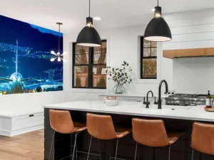 Online Vliegtuig op een verlicht vliegveld fotobehang Tienerkamer
