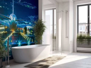 Online Vliegtuig op een verlicht vliegveld fotobehang Tienerkamer