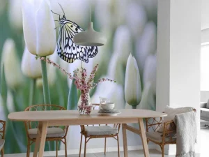 New Vlinder op een witte tulp fotobehang Dieren | Bloemen