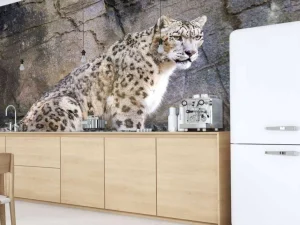 Discount Volwassen sneeuwluipaard op een rots fotobehang Dieren