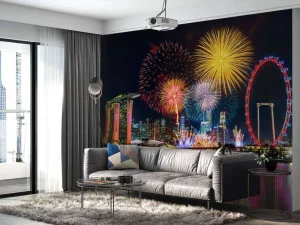 Sale Vuurwerkshow in Singapore fotobehang Architectuur