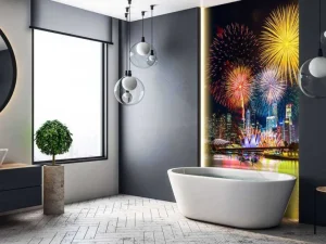 Sale Vuurwerkshow in Singapore fotobehang Architectuur