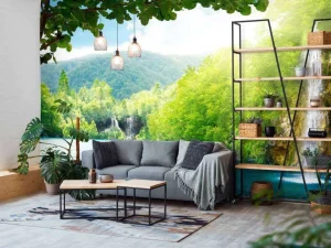 Fashion Waterval tussen de bergen fotobehang Bloemen