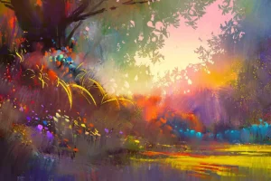 Online Wazig kleurrijk landschap schilderij fotobehang Kunst & Design