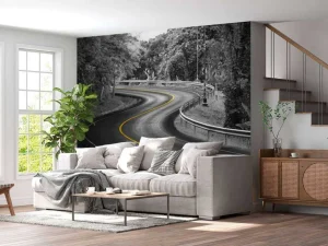Sale Weg met een gele streep fotobehang Architectuur