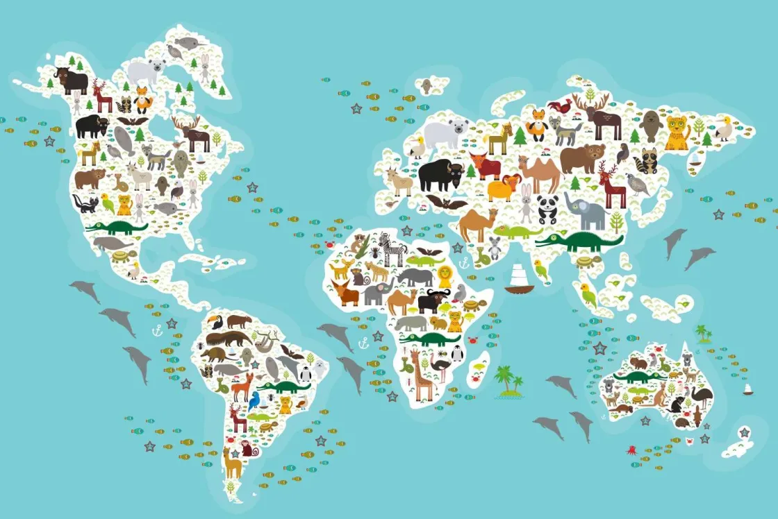 wereldkaard_met_dieren_fo_0.webp Discount Wereldkaard met dieren fotobehang Babykamer | Dieren