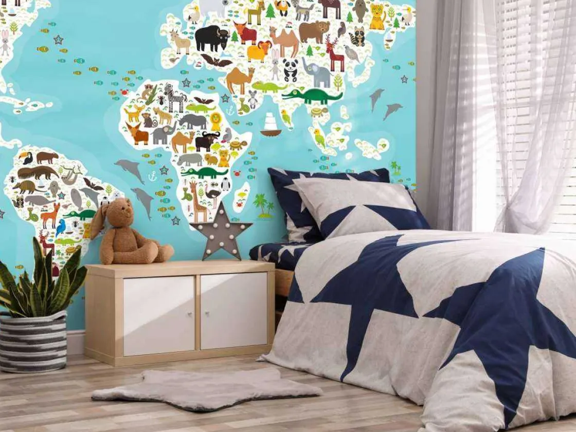 wereldkaard_met_dieren_fo_1.webp Discount Wereldkaard met dieren fotobehang Babykamer | Dieren