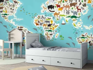 Discount Wereldkaard met dieren fotobehang Babykamer | Dieren